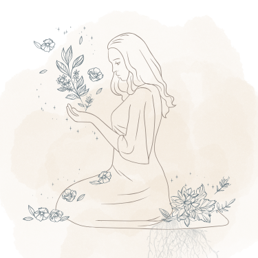 Delicate botanical line art of a woman holding a flowering branch